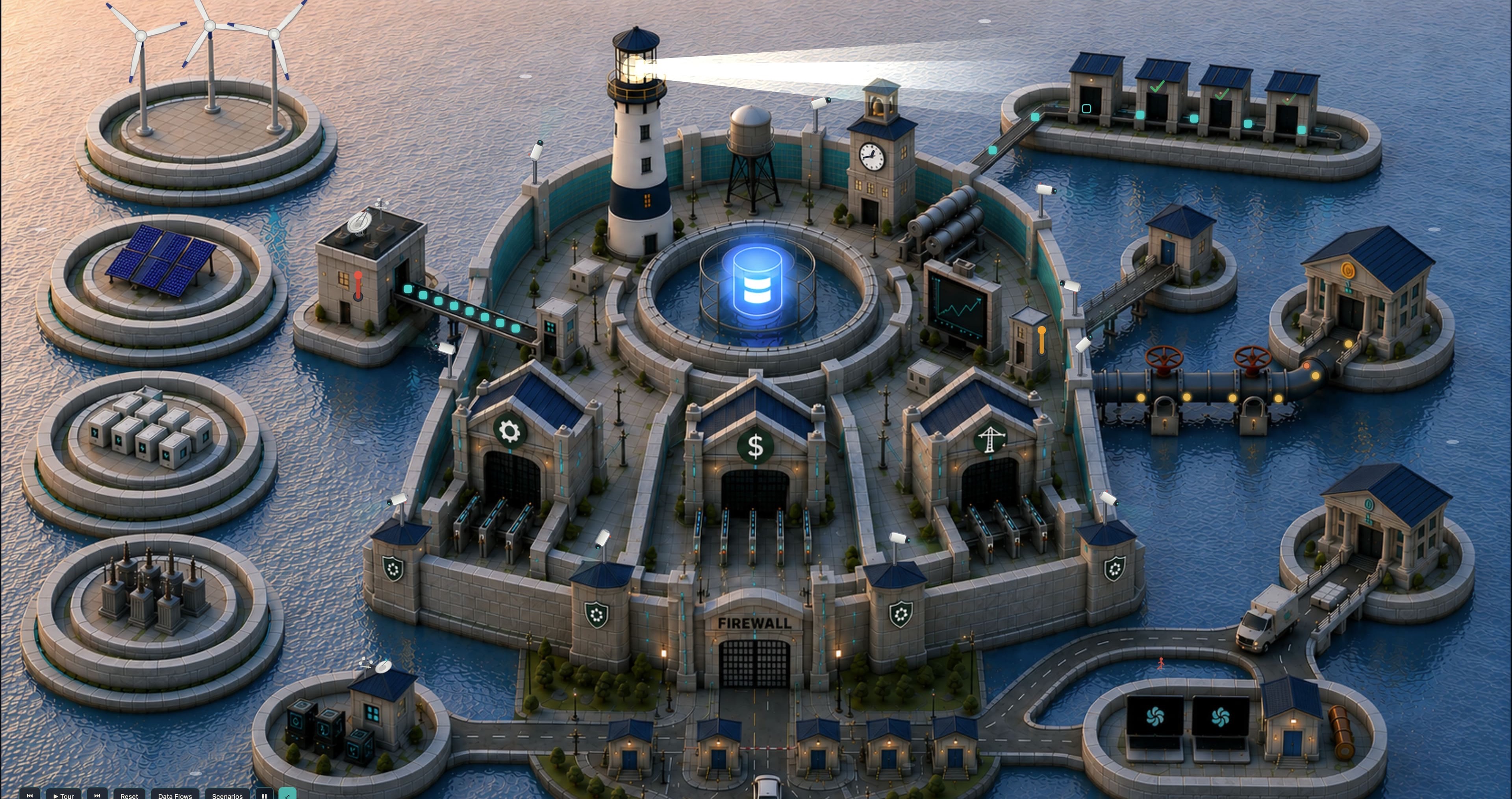 Isometric illustration of a walled fortress on the water, with a lighthouse at its center guarding a glowing data vault